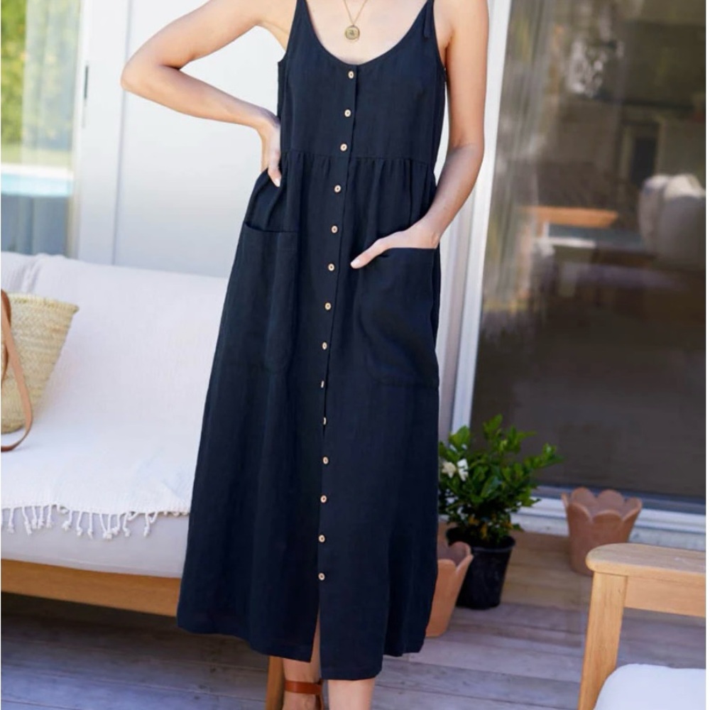 Emerson Fry Livia Belted Button Dress in Black Linen, Size XS